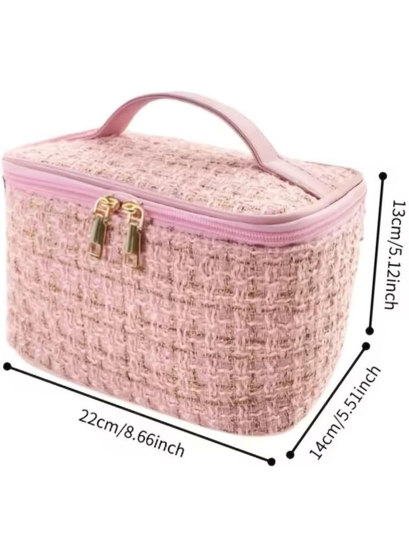 م اكس م حقيبة مكياج سفر كبيرة السعة بمقبض، منظم مستحضرات تجميل ولوازم استحمام من جلد البولي يوريثان المقاوم للماء للنساء (مزيج وردي صغير) - Image 2